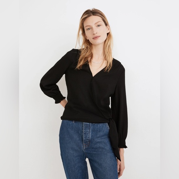 Madewell Smocked-Sleeve Wrap Top in Black - Size S - Picture 1 of 4